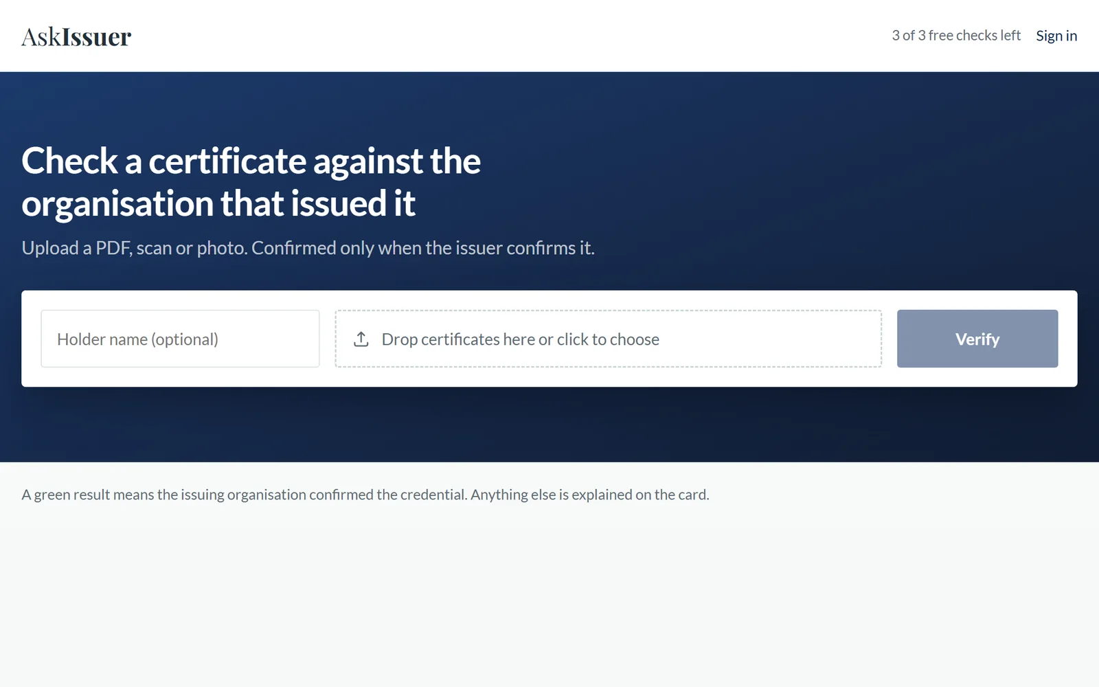 الصفحة الرئيسية لـ AskIssuer — أداة التحقق من الشهادات